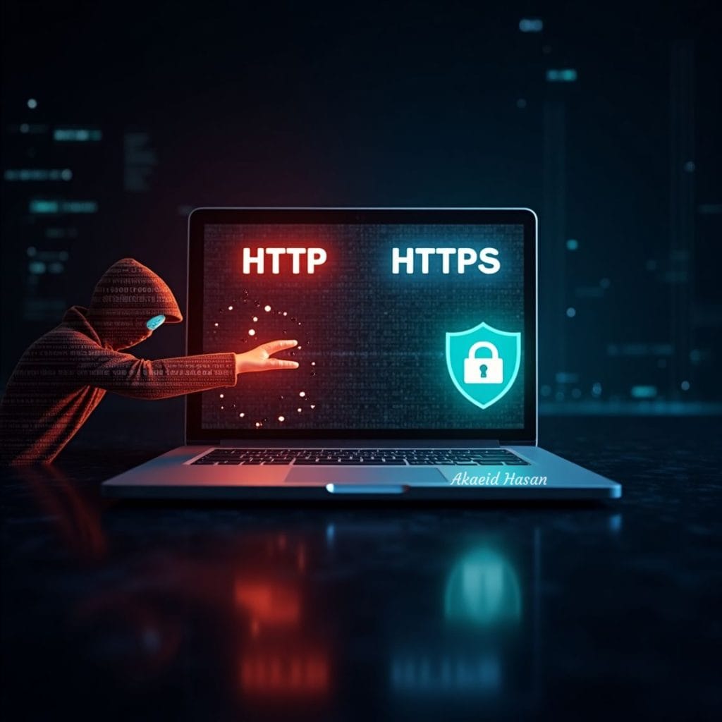 Illustration showing the difference between HTTP and HTTPS with a secure padlock and website browser interface