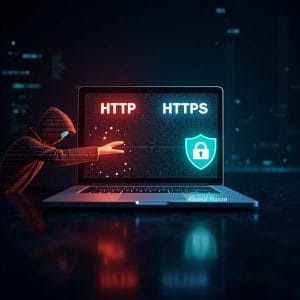 Illustration showing the difference between HTTP and HTTPS with a secure padlock and website browser interface