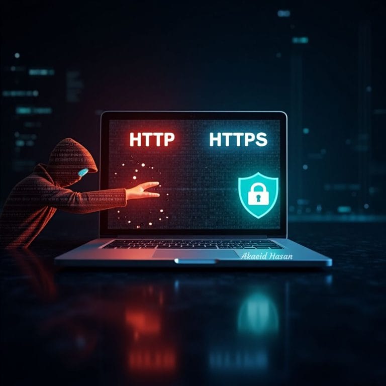 Illustration showing the difference between HTTP and HTTPS with a secure padlock and website browser interface