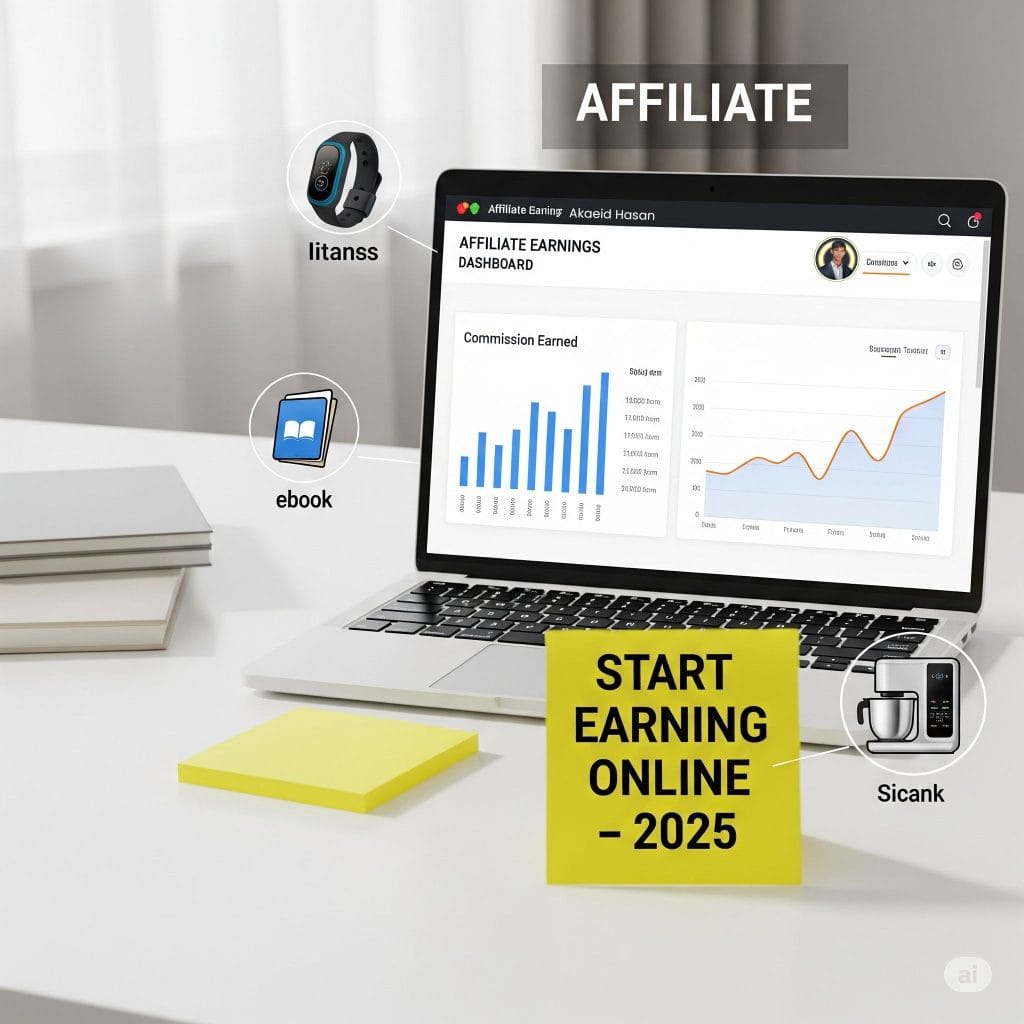 Workspace with a laptop displaying affiliate earnings and a 2025 strategy plan for online income.