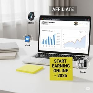 Workspace with a laptop displaying affiliate earnings and a 2025 strategy plan for online income.