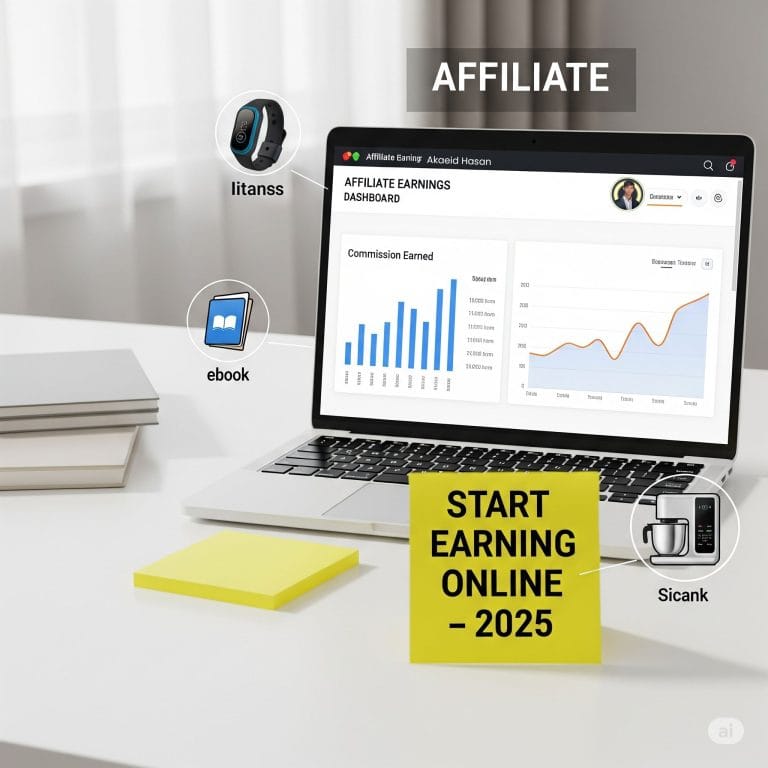 Workspace with a laptop displaying affiliate earnings and a 2025 strategy plan for online income.