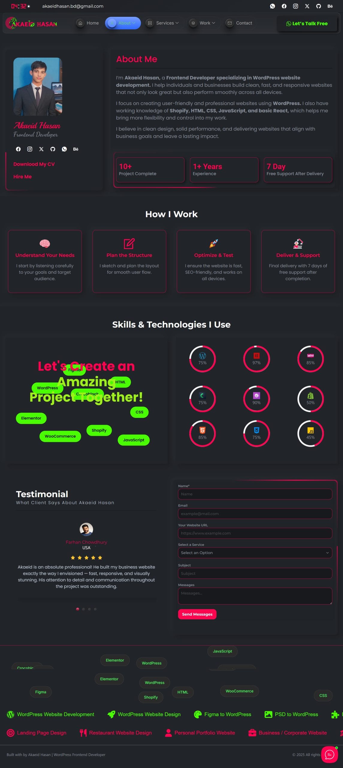 Full website preview of a modern personal portfolio designed and developed by Akaeid Hasan – showcasing clean UI and responsive design