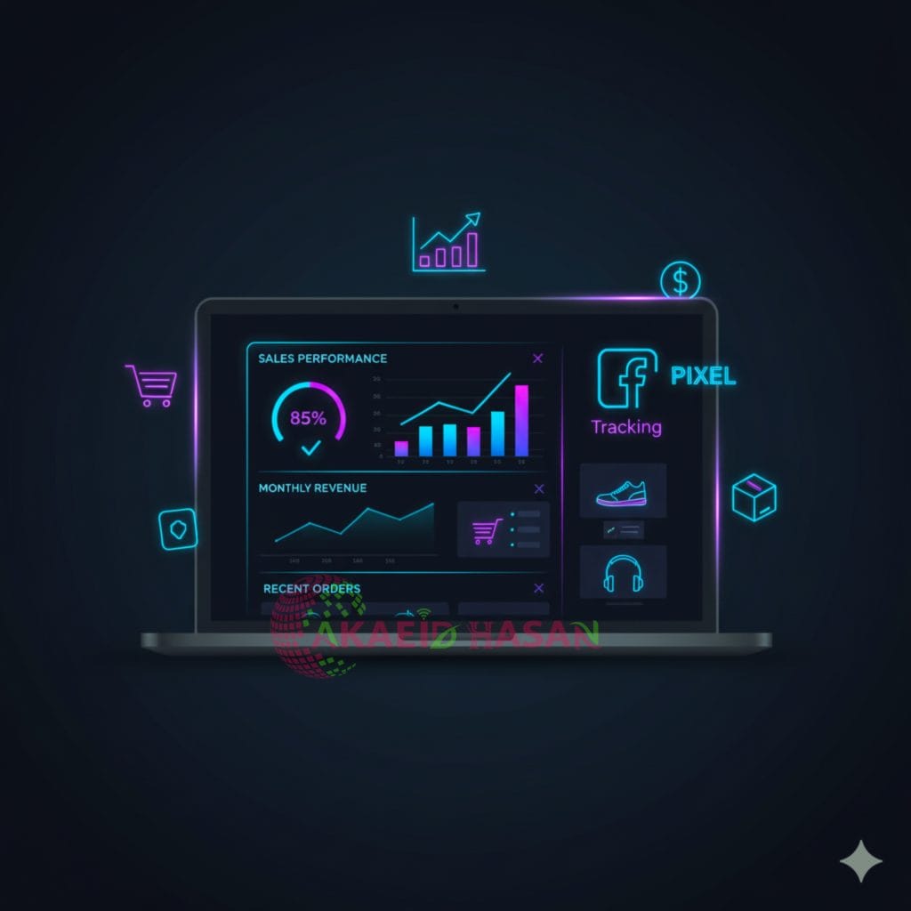 Modern flat-style illustration showing a laptop with Facebook Pixel analytics dashboard, sales performance, and eCommerce tracking elements — design by Akaeid Hasan.