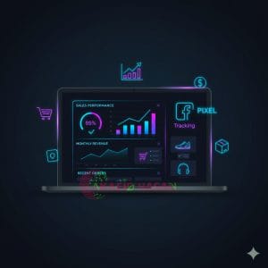 Modern flat-style illustration showing a laptop with Facebook Pixel analytics dashboard, sales performance, and eCommerce tracking elements — design by Akaeid Hasan.