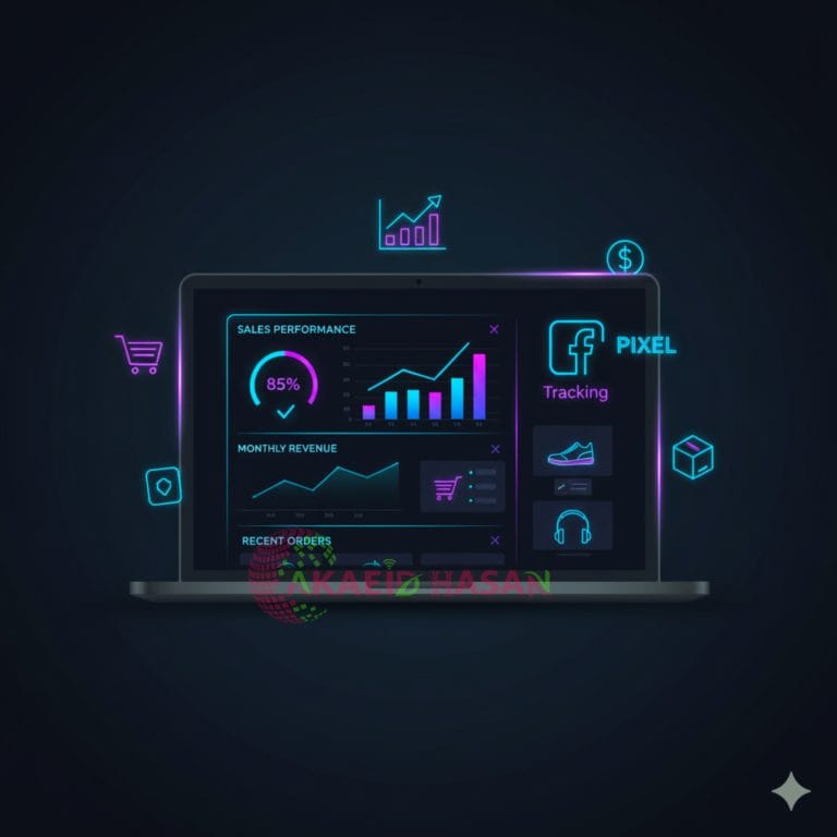 Modern flat-style illustration showing a laptop with Facebook Pixel analytics dashboard, sales performance, and eCommerce tracking elements — design by Akaeid Hasan.