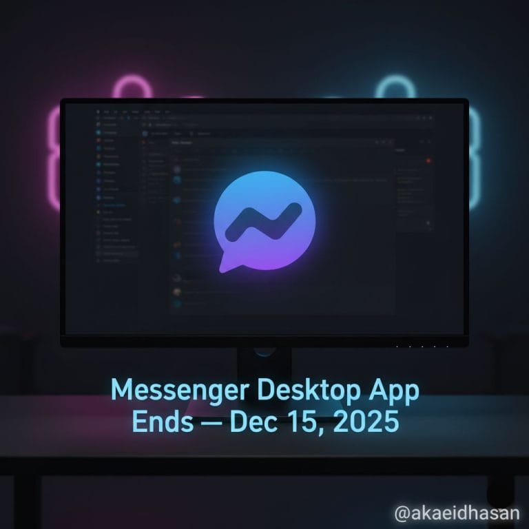 A futuristic digital design created by Akaeid Hasan showing a dark computer monitor displaying the Messenger logo in glowing blue and purple neon tones. The background features soft Facebook-style icons and the text “Messenger Desktop App Ends — Dec 15, 2025.” The image visually announces the official shutdown date of Facebook Messenger’s desktop application, representing the end of an era in desktop messaging.