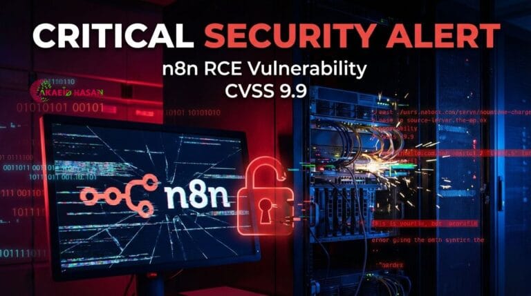 A dramatic cybersecurity blog cover image showing a critical security alert related to an n8n remote code execution vulnerability, featuring a cracked monitor displaying the n8n logo, a red unlocked padlock icon, server racks with exposed cables and sparks, binary code overlays, and highlighted text reading Critical Security Alert n8n RCE Vulnerability CVSS 9.9, representing high-risk automation security threats and infrastructure compromise, designed and presented by Akaeid Hasan.