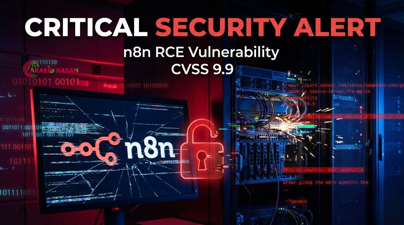 A dramatic cybersecurity blog cover image showing a critical security alert related to an n8n remote code execution vulnerability, featuring a cracked monitor displaying the n8n logo, a red unlocked padlock icon, server racks with exposed cables and sparks, binary code overlays, and highlighted text reading Critical Security Alert n8n RCE Vulnerability CVSS 9.9, representing high-risk automation security threats and infrastructure compromise, designed and presented by Akaeid Hasan.