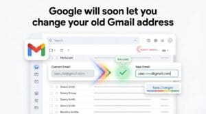 A clean blog post cover image illustrating Google allowing users to change their old Gmail address, featuring the Gmail interface with a transition from an old email address to a new email address, a success confirmation checkmark, and a Save Changes button, representing upcoming Gmail account update features and email identity management, designed and presented by Akaeid Hasan.