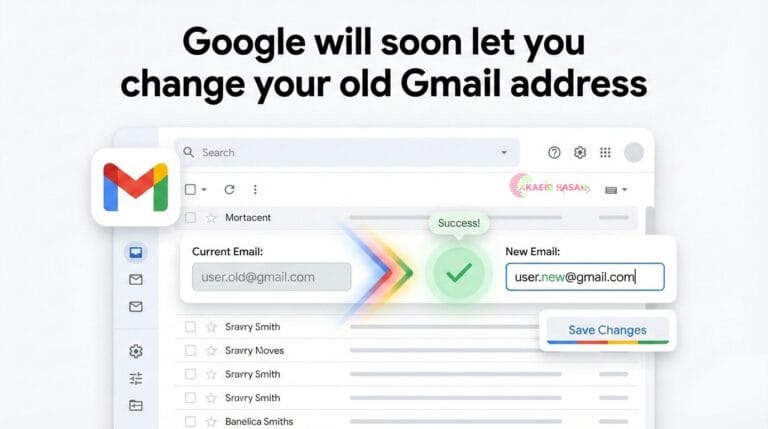 A clean blog post cover image illustrating Google allowing users to change their old Gmail address, featuring the Gmail interface with a transition from an old email address to a new email address, a success confirmation checkmark, and a Save Changes button, representing upcoming Gmail account update features and email identity management, designed and presented by Akaeid Hasan.