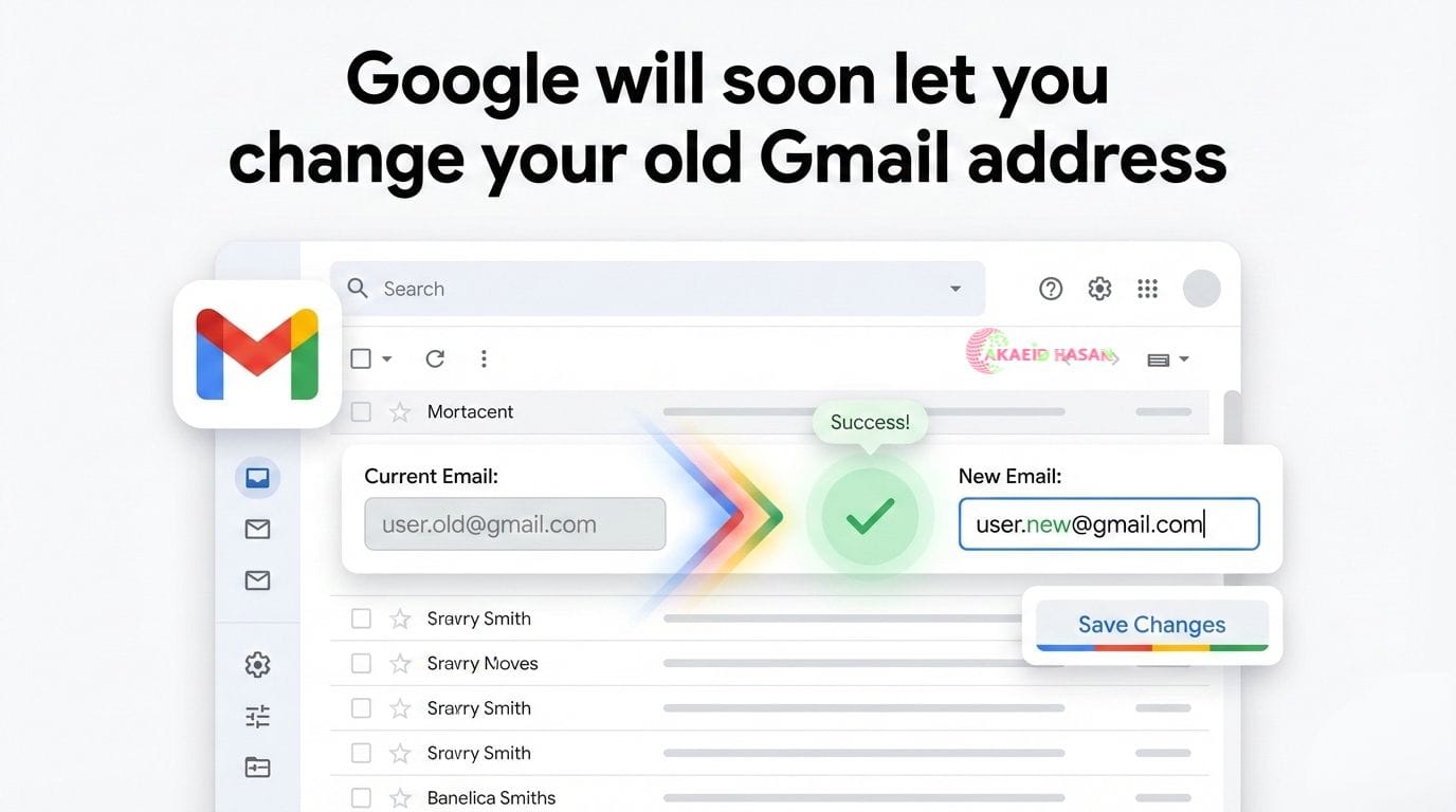 A clean blog post cover image illustrating Google allowing users to change their old Gmail address, featuring the Gmail interface with a transition from an old email address to a new email address, a success confirmation checkmark, and a Save Changes button, representing upcoming Gmail account update features and email identity management, designed and presented by Akaeid Hasan.