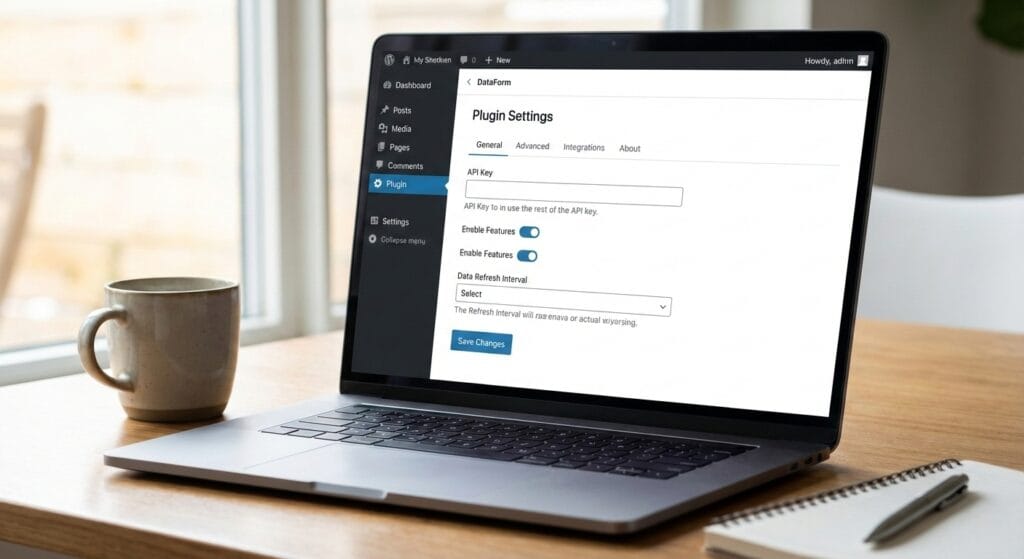 A professional workspace image showing a laptop on a wooden desk displaying the WordPress admin dashboard plugin settings page. The screen shows a plugin configuration panel with API key input field, enable features toggle buttons, data refresh interval dropdown, and save changes button. This interface represents WordPress plugin setup, website backend configuration, and admin panel customization used by web developers like Akaeid Hasan for managing website functionality, integrations, and performance settings. A coffee mug and notebook beside the laptop indicate a modern web development working environment.
