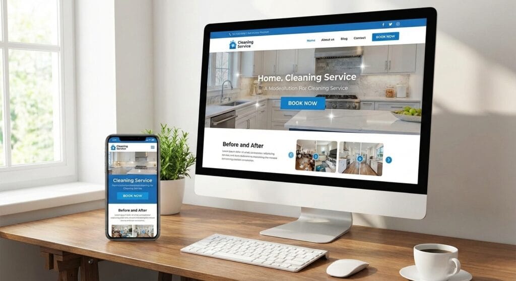 Akaeid Hasan featured image for Best Cleaning WordPress Themes 2026, showcasing a modern cleaning service WordPress website displayed on desktop and mobile screens with a professional blue and white design layout. The website interface highlights online booking functionality, structured service sections for home and office cleaning, pricing tables, customer testimonials, and a strong call-to-action button for instant quote requests. The design represents fast-loading, mobile-friendly and SEO-optimized cleaning company website structure built for high conversion and local search visibility. Branding text Akaeid Hasan is prominently presented to represent professional WordPress developer Akaeid Hasan and his official website akaeidhasan.com, specializing in responsive, business-focused and performance-driven WordPress website solutions.