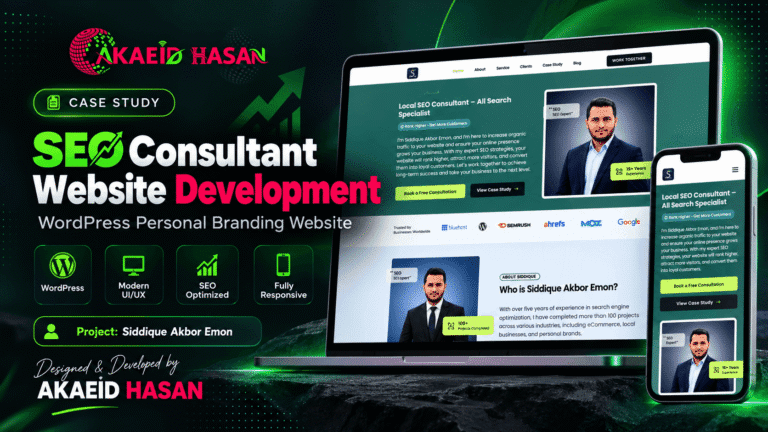 Akaeid Hasan designed and developed a modern WordPress SEO consultant personal branding website for Siddique Akbor Emon, featuring responsive desktop and mobile layouts, modern UI/UX, SEO-optimized structure, WordPress development, and professional personal branding elements.