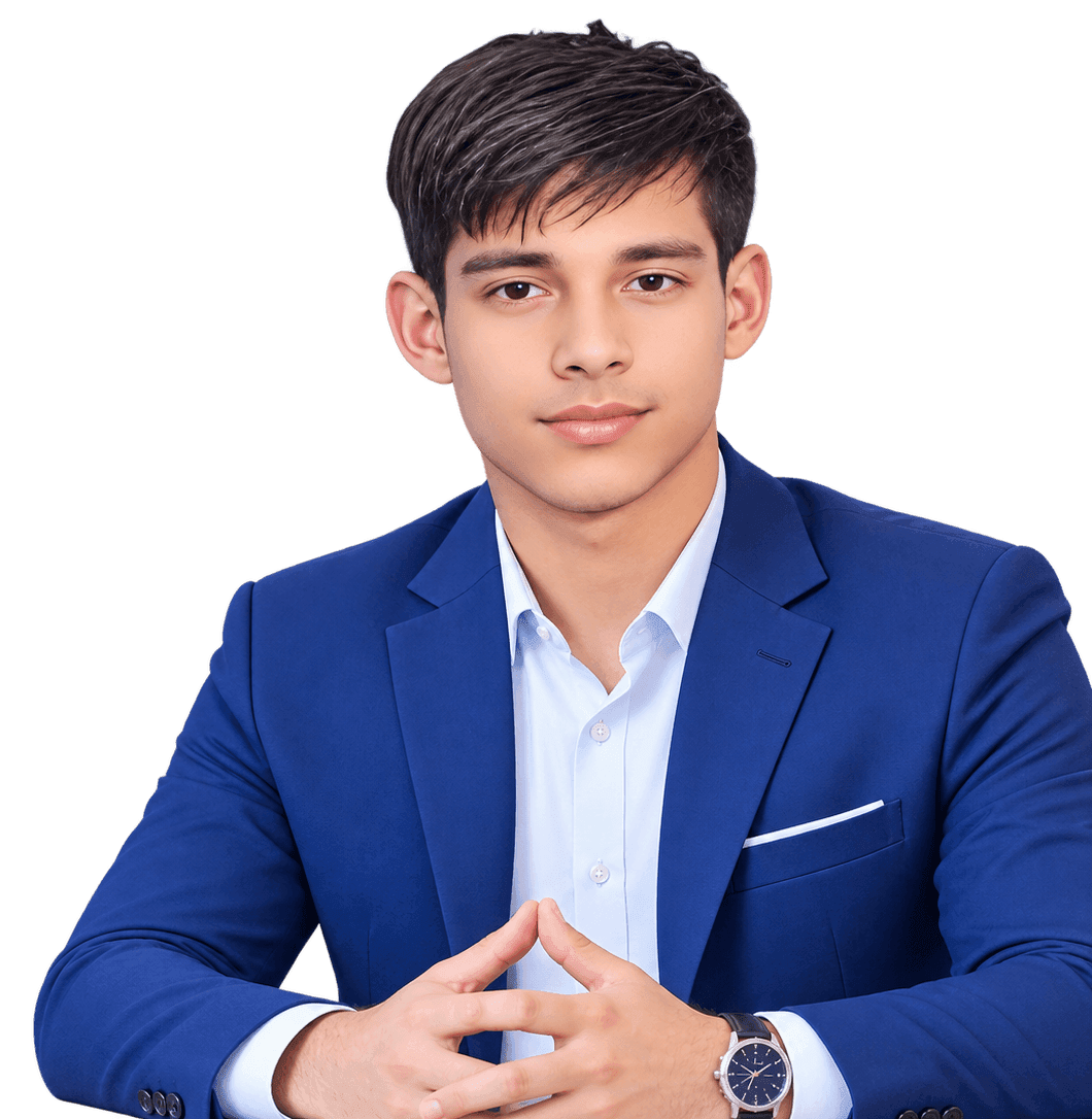 Professional personal branding portrait of Akaeid Hasan, a WordPress Developer, wearing a blue suit and white shirt with a confident professional appearance. The transparent-background portrait is suitable for a professional website, WordPress Developer portfolio, personal branding, social media profiles, and business marketing materials.