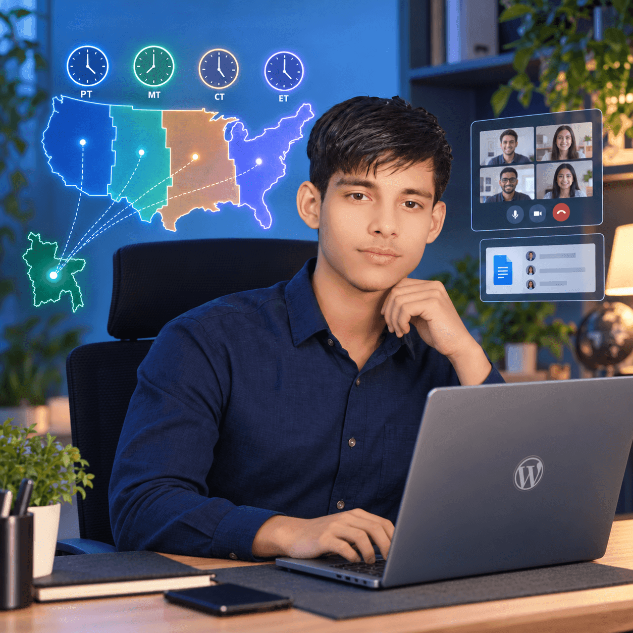 Akaeid Hasan, professional WordPress Developer, working remotely on a laptop with the WordPress logo, surrounded by visuals representing US time zones, remote collaboration, and international web development services