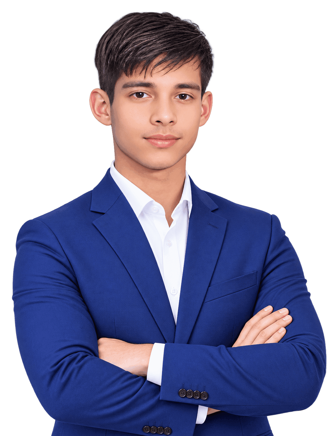 Akaeid Hasan, professional WordPress Developer, wearing a blue business suit and white shirt in a professional portrait photo for personal branding