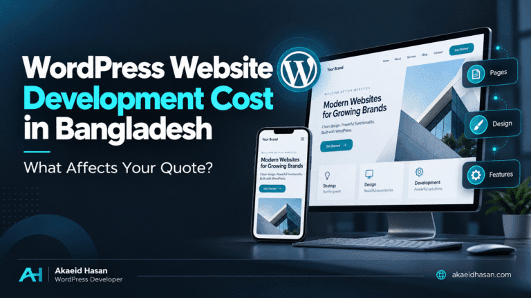 WordPress website development cost in Bangladesh by Akaeid Hasan, highlighting pages, design, and features beside desktop and mobile website previews.